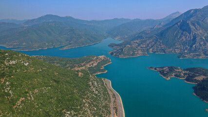 Aerial drone photo of huge fjord looking lake of Mornos a clear water supply for Attica region, Fokida prefecture, Greece