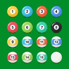 Billiard balls collection in flat style. Set of snooker balls with numbers. Vector stock.