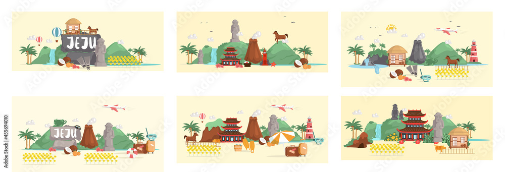 Wall mural Jeju island in South Korea, tourist tour banner. Summer vacation, active tour with famous attraction, adventure time. Layout of postcard to island for travelers. Jeju, Korean nature and landscape