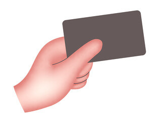 The hand holds a plastic card, isolated on a white background