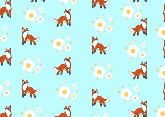 Pattern of red fox with white flowers. Children's pattern. Red fox cub on a blue background.