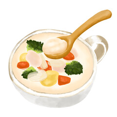 水彩イラスト　クリームシチュー(ホワイトシチュー)と木のスプーン
