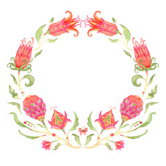 Fototapeta na wymiar Watercolor floral wreath. Colorful hand-painted flowers create a circular shape frame.