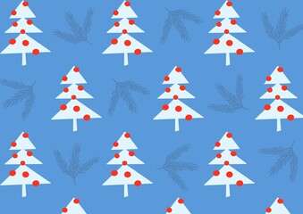 
Pattern of White Christmas trees with red balls and blue branches on a blue background. Winter pattern.
