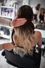 Fototapeta premium stylist hairdresser makes a hairstyle for a girl in his beauty salon, hollywood wave, beautiful hairstyle, hairdresser at work