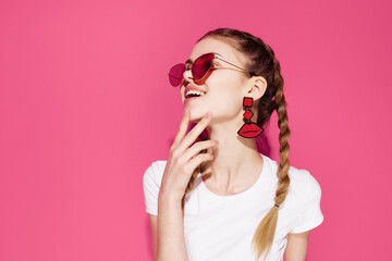 cheerful woman with pigtails sunglasses summer clothes glamor