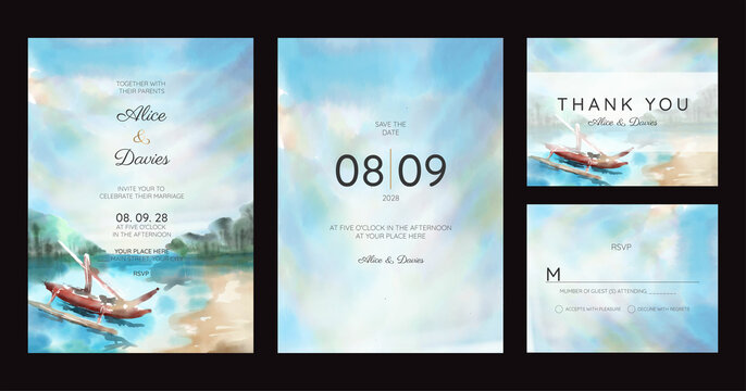 Set of Wedding Invitation, thank you, rsvp rustic card design with gold foil decoration. Vector elegant modern template, trendy cover, graphic poster, retro brochure, design template