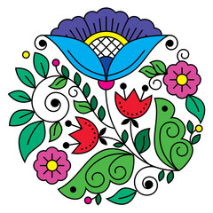Scandinavian folk art flower vector round design pattern, retro floral design in circle inspired by the traditional embroidery from Sweden
