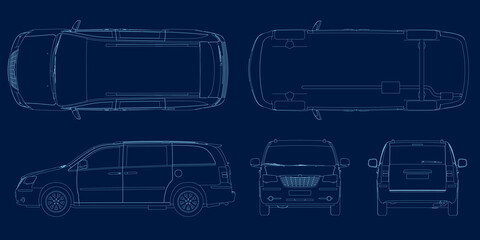 Set with the outline of the car in different positions from blue lines on a dark background. Side, front, back, top, bottom views. Vector illustration
