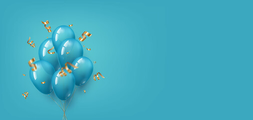 Blue festive horizontal background with balloons and golden confetti, streamers. Use it for banners with promotions or as a greeting card for a birthday, anniversary or other holiday