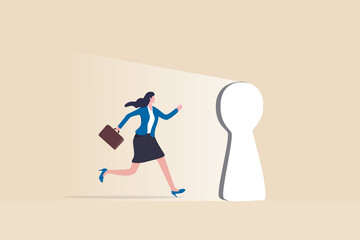 Life changing opportunity, enter career success door or success in work, new challenge or doorway to bright future concept, hopeful motivated businesswoman walking through bright doorway keyhole.