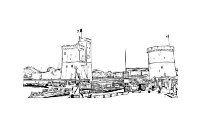 Building view with landmark of La Rochelle is the 
city in France. Hand drawn sketch illustration in vector. - obrazy, fototapety, plakaty