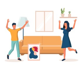 Happy couple celebrating housewarming party together after moving to new home, vector illustration.