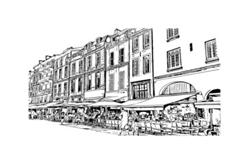 Building view with landmark of La Rochelle is the 
city in France. Hand drawn sketch illustration in vector.