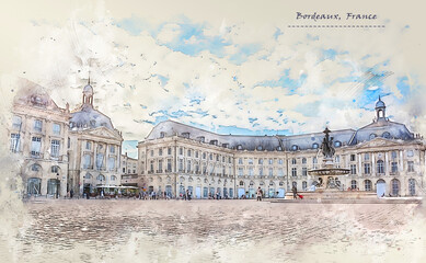city life of Bordeaux city, Place de la Bourse in sketch style - obrazy, fototapety, plakaty