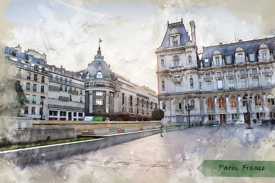 city life of Paris in sketch style