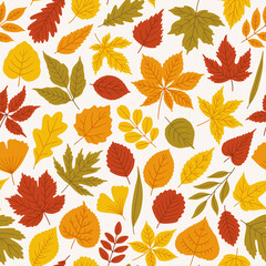 Fototapeta na wymiar Seamless autumn pattern with cute leaves of maple, oak, linden, birch, ginkgo, etc. Vector illustration, white background. Fashion print for fabric, package, wrapping. Red, orange, yellow, green color