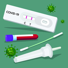 Vector illustration of COVID-19, Antigen test kit (ATK) with results on green background