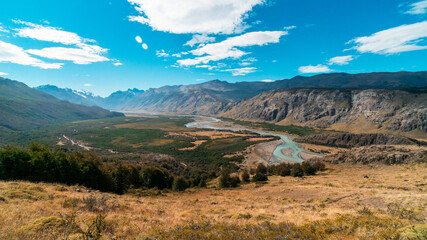 Fototapeta premium the turns river with a spectacular view of the valley landscape with the glacial river as a highlight. El Chalten, Santa Cruz, Argentina.