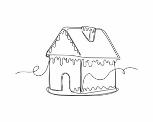 Continuous one line drawing of christmas gingerbread house icon in silhouette on a white background. Linear stylized.