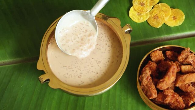 Rice Kheer Indian Sweet Payesh, Onam Payasam, Phirni dessert Mumbai, Kerala, India mithai festival sweet 4K footage Diwali Dussehra Holi ganesh chaturthi Ram navami Durga pooja durga ashtami Navratri