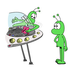 Cute green martians characters cleaning their spaceship, UFO. Isolated cartoon vector illustration on white background.