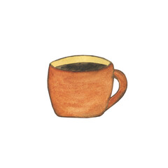 Clay cup or mug isolated on white background. Watercolor hand drawing illustration. Brown tableware element for design.