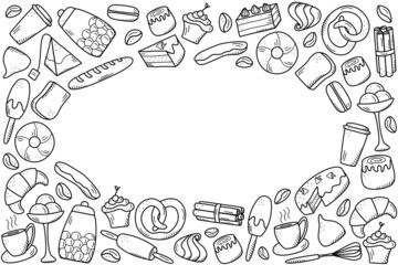 Vector elements of sweet snacks and pastries, coffee dishes. Excellent for decorating cafes and menus. Doodle icon style.