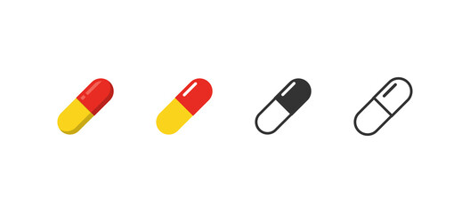 Medicine pill and drug set icon. Flat vector illustration