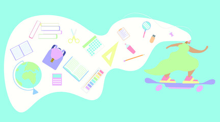 vector schoolgirl on a skateboard. flat image of a girl with school supplies
