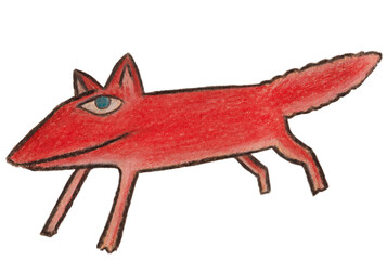 A little red fox isolated on white background. Illustration made with colored pencils of a laughing red fox.