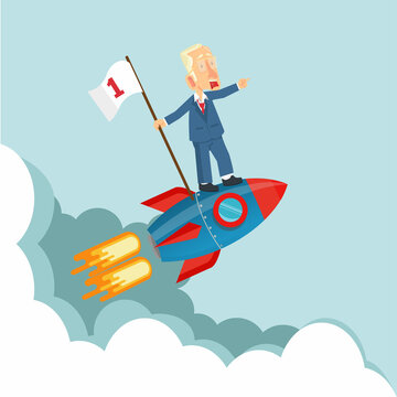 Business people  on a Flying rocket  with flag