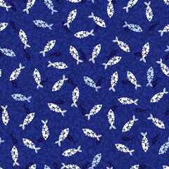 Vector indigo blue abstract shibori tie dye abstract scattered fish polka dot seamless pattern. Perfect for fabric, wrapping paper and wallpaper projects.