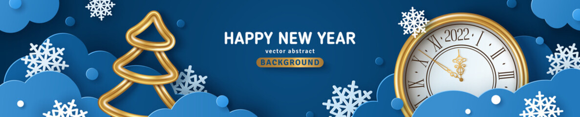 Fototapeta na wymiar Happy New Year 2022 and Merry Christmas banner or party invitation background with paper clouds, fir tree, snowflakes and gold clock. Vector illustration. Place for text. Blue origami promo header
