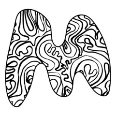 Zentangle stylized alphabet - letter M. vector illustration Black white hand drawn doodle, ethnic pattern