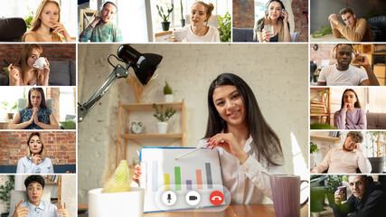 Group of men and women meeting via group video call share ideas brainstorming use video conference. Collage, teamwork, teambuilding