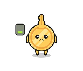 key mascot character doing a tired gesture