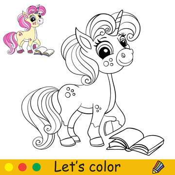 Cute unicorn in profile with a book coloring book page