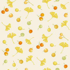 Vector seamless pattern with ginkgo leaves and nuts
