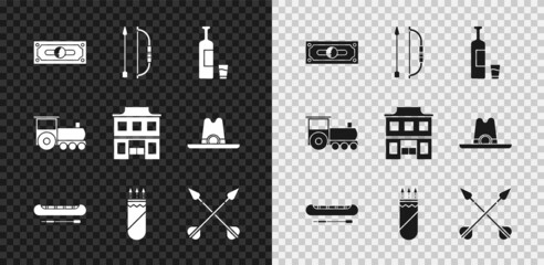 Set Stacks paper money cash, Bow and arrow in quiver, Whiskey bottle glass, Kayak or canoe paddle, Quiver with arrows, Crossed, Retro train and Wild west saloon icon. Vector