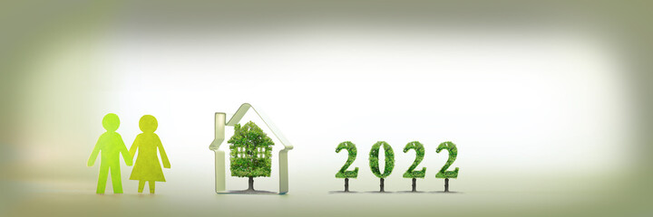 projet immobilier, 2022, maison verte, arbre et personnages