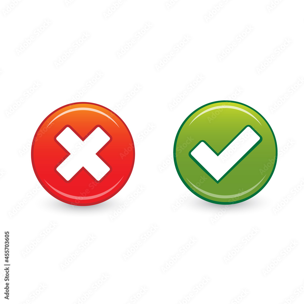 Poster web buttons: green check mark and red cross. circle cartoon check mark isolated on white background.