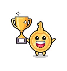 Cartoon Illustration of key is happy holding up the golden trophy