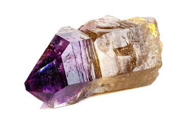 Macro Mineral Stone Amethyst together smoky quartz, rauchtopaz on a white background