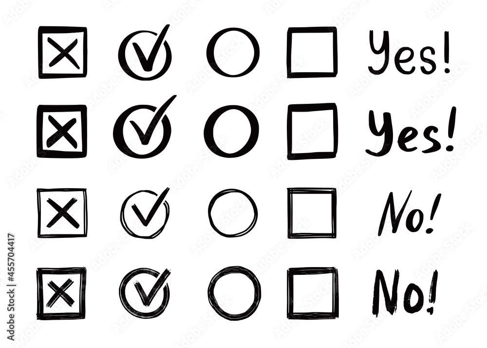Aufkleber Check and cross mark set. Hand drawn doodle sketch style. Vote, yes, no drawn concept. Checkbox, cross mark with box, circle element. Vector illustration.