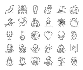 Fototapeta premium Halloween ghost, pumpkin and witch, spider web and scary characters, vector outline icons. Halloween cat and bat with spooky candy and horror monsters, witch hat and skull with candle for creepy party