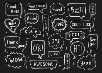 Comic speech bubble set with dialog word hi, ok, bye, welcome. Hand drawn sketch doodle style and chalkboard background. Vector illustration speech bubble chat, message element.