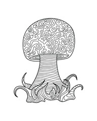 Hand sketches of doodles of mushrooms. Vector sketches of autumn forest plants. Design element for print, label, logo, packaging, template, badge, book, coloring book.