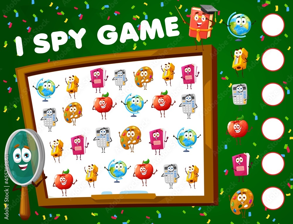 Leinwandbilder i spy game, math game worksheet with school characters, vector find and match riddle. kids tabletop 
