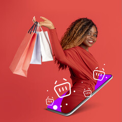 Contemporary art collage of beautiful african woman sticking out of phone. Online shopping concept